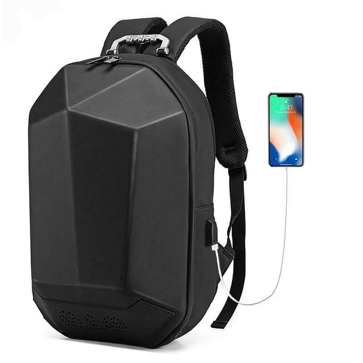 Close-up of the music box panel on a versatile outdoor backpack, showing speaker and USB port.