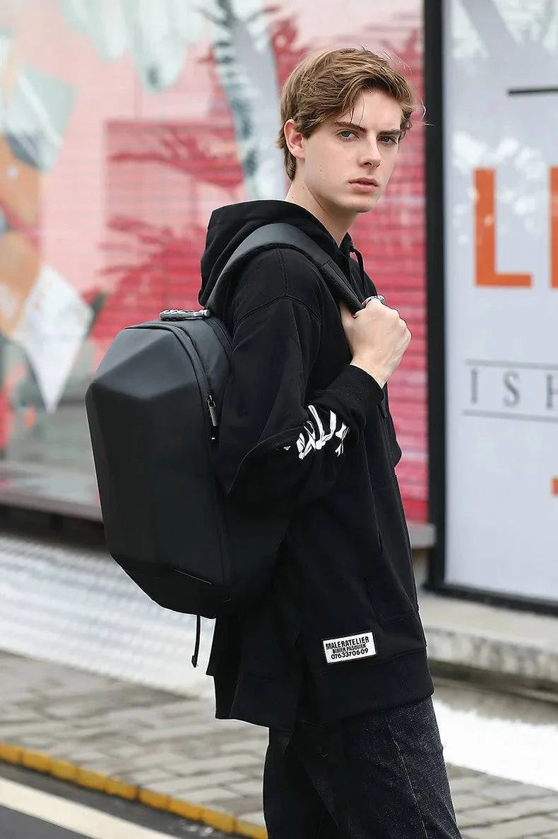 Side view of the durable outdoor backpack, highlighting its spacious design and tech features.