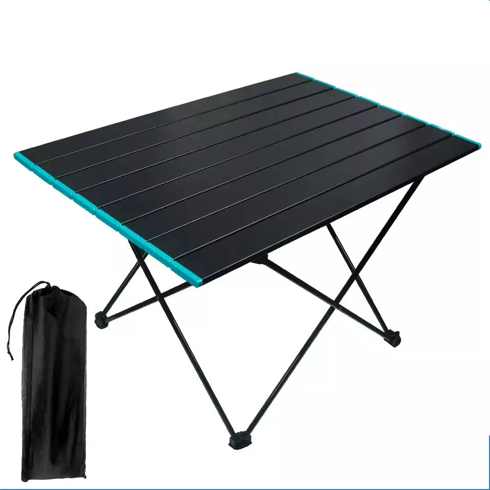Outdoor gear: Portable folding aluminum camping table packed in its carry bag, ready for a trip.