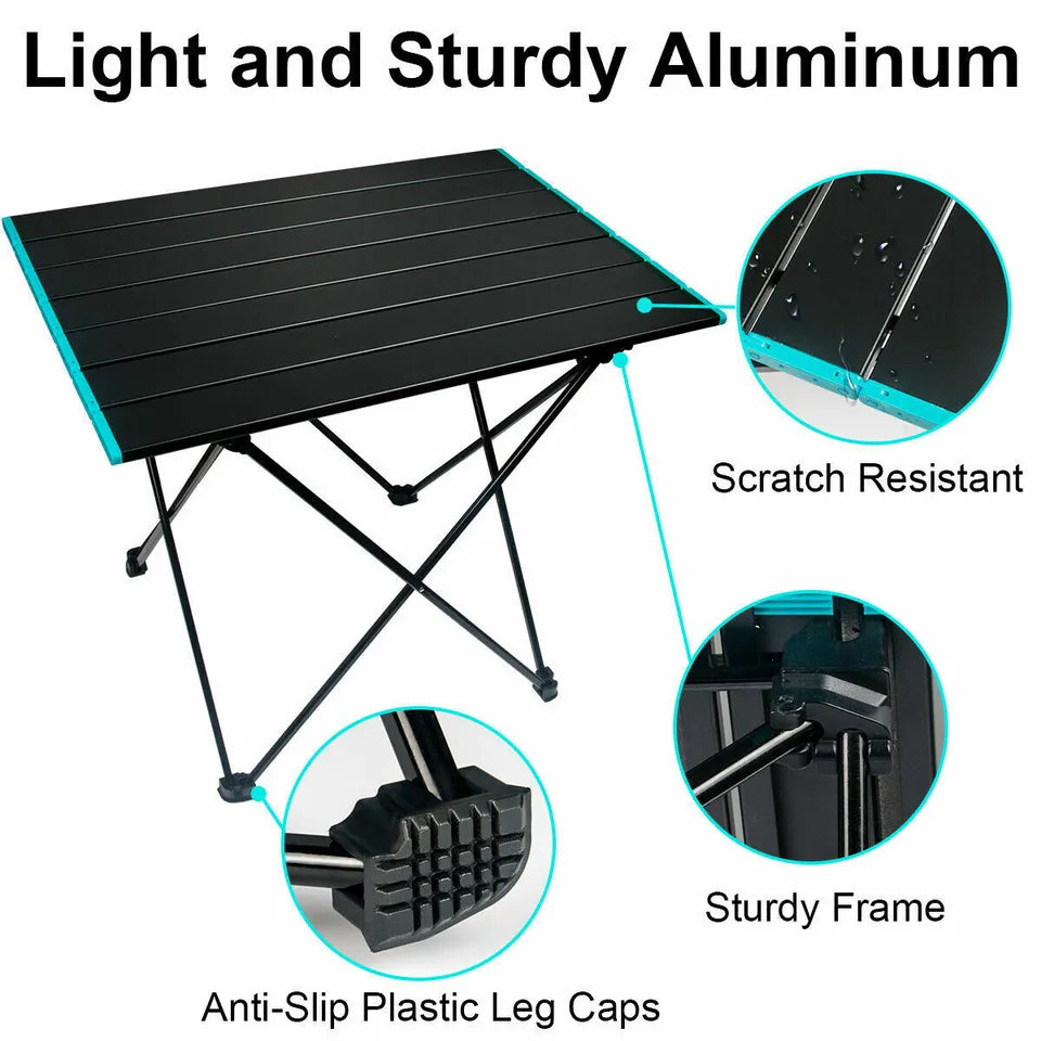 Side view of the versatile folding camping table, emphasizing its stable leg design for outdoor adventures.
