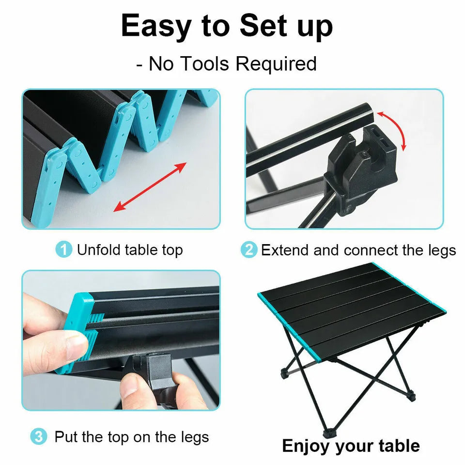 Happy campers using the compact aluminum folding table for a meal at their campsite, enjoying nature.
