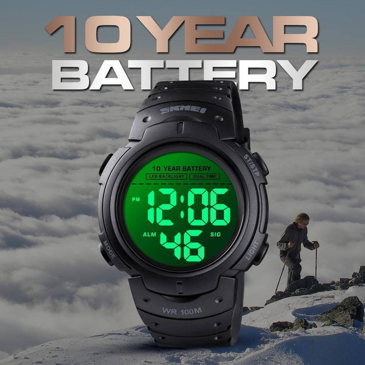 Unisex outdoor sport digital watch, waterproof and durable, black case, adventure gear for men and women