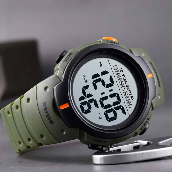 Close-up of waterproof unisex digital sport watch with clear display, ideal for outdoor adventures