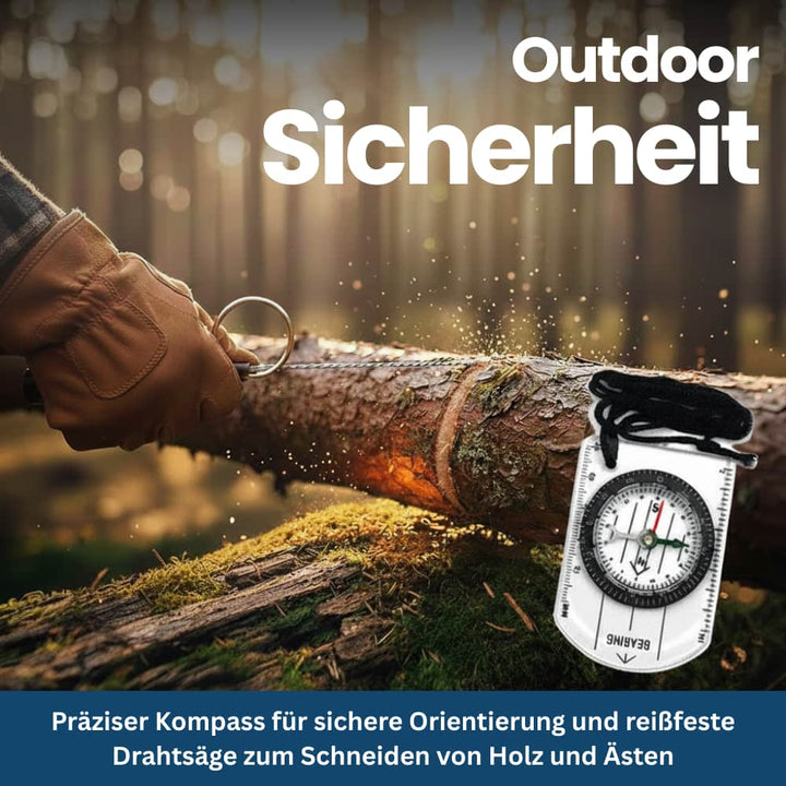 Unisex Outdoor Survival Master Kit with a compass and whistle, vital emergency gear for hiking and camping.