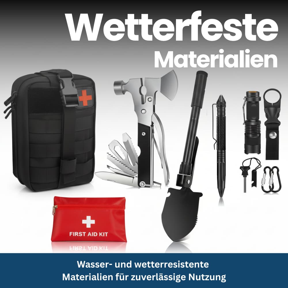 Display of all items in the Outdoor Survival Master Kit, including fishing gear and an emergency blanket.