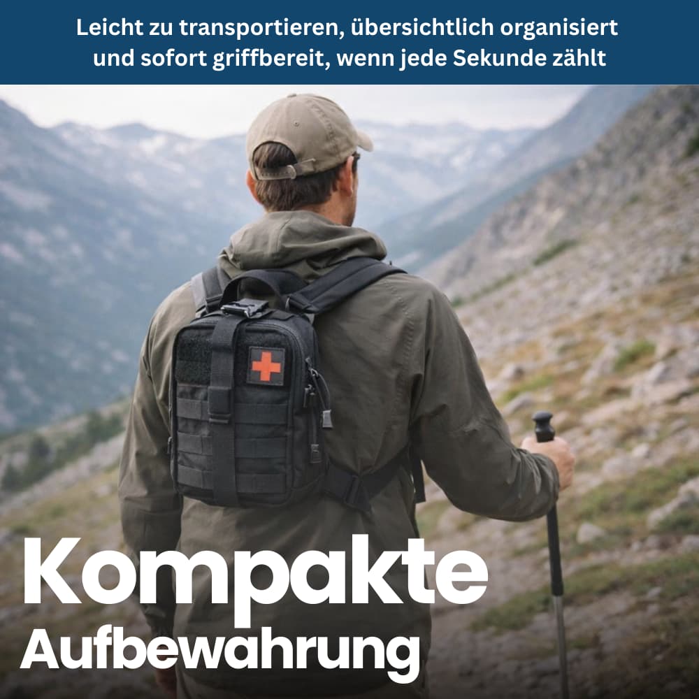 Unisex survival kit being held, demonstrating its portable and compact size for hiking and bushcraft.