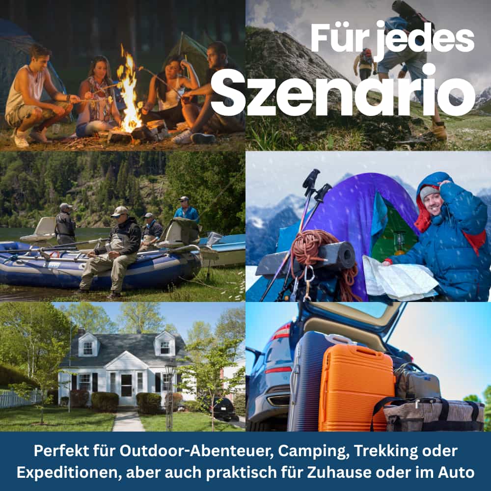 Outdoor Survival Master Kit with a flashlight and signaling mirror, key for emergency communication.