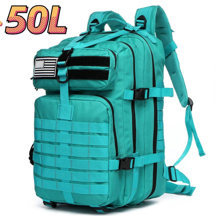 Trekking backpack, black, against a nature background, ready for trails