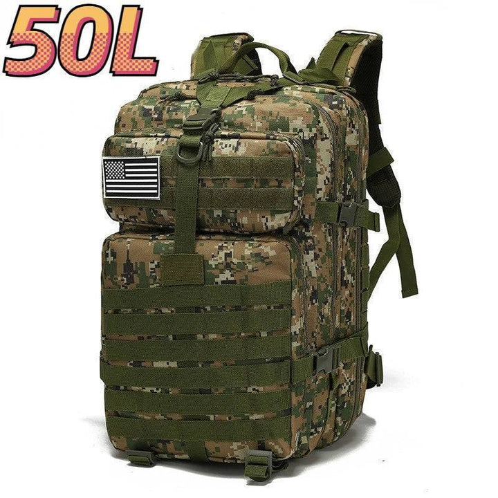 Outdoor travel bag, side compression straps cinched for a compact load