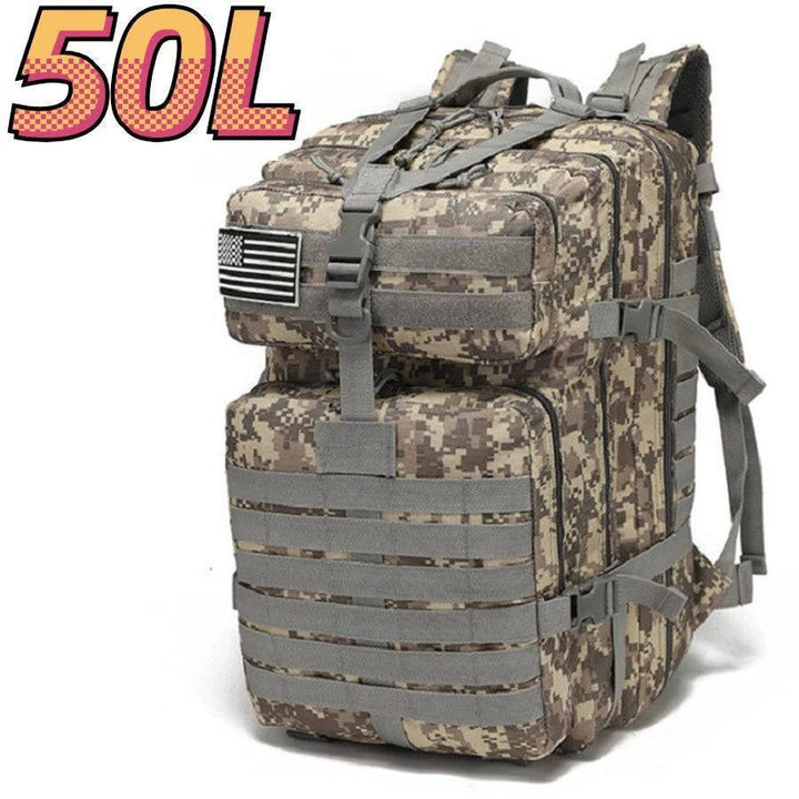 Tactical camping rucksack, front view, with reflective strips for visibility