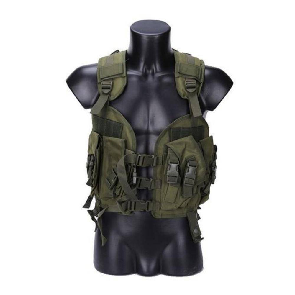 Camo tactical hunting vest in a rugged outdoor setting, emphasizing its utility for challenging environments.