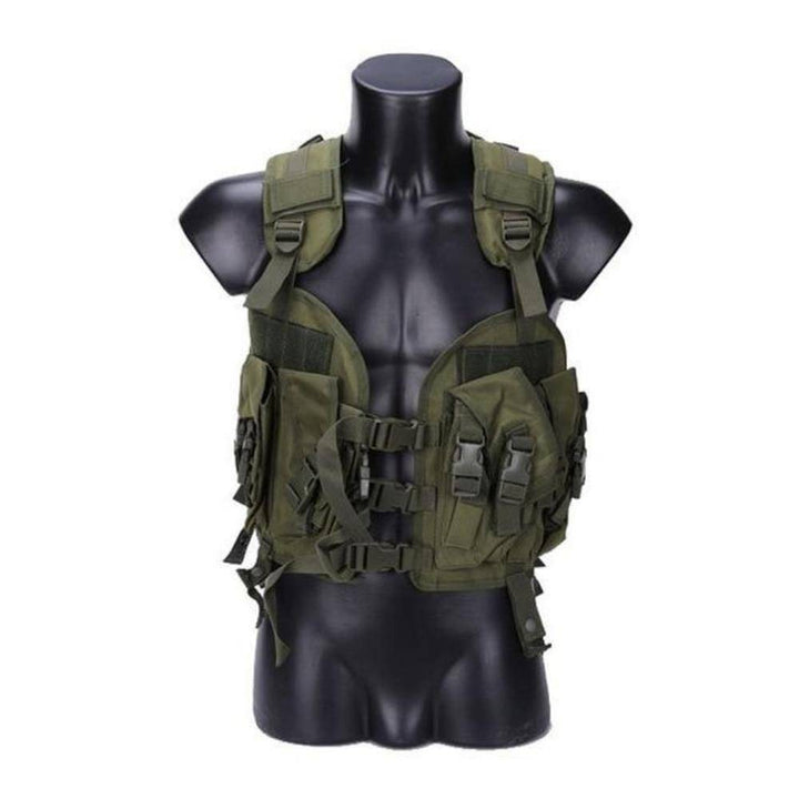 Camo tactical hunting vest in a rugged outdoor setting, emphasizing its utility for challenging environments.