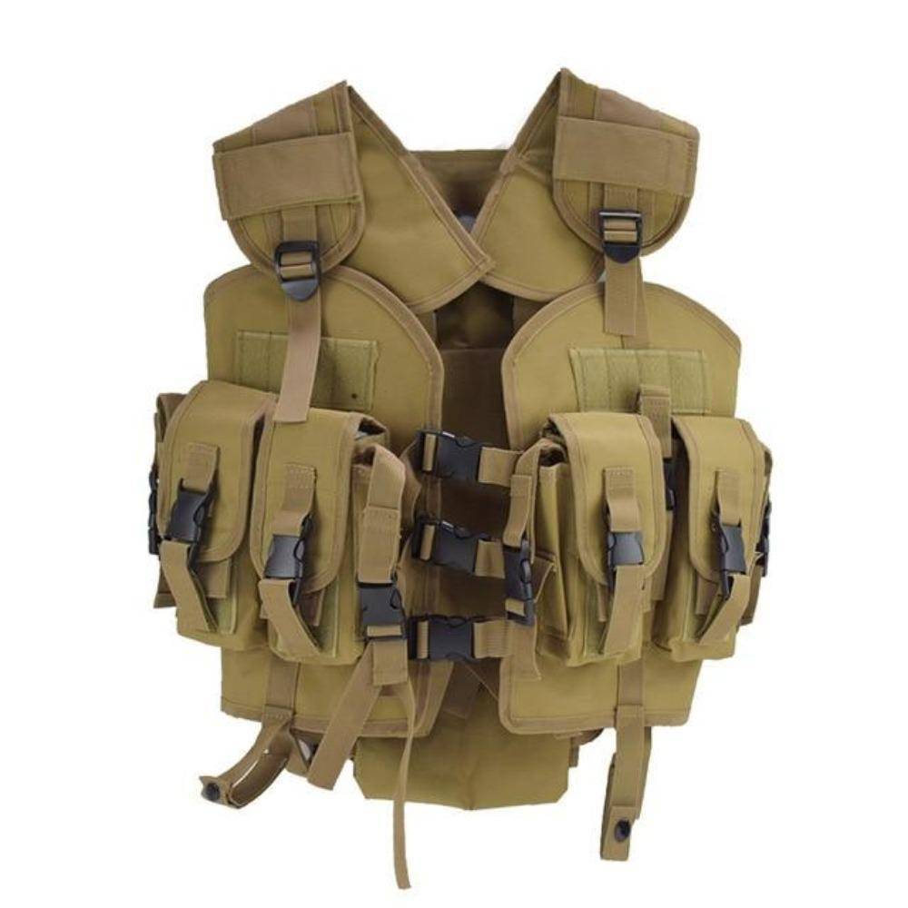 Tactical vest for hunting and airsoft, featuring a breathable mesh back for comfort during extended wear.