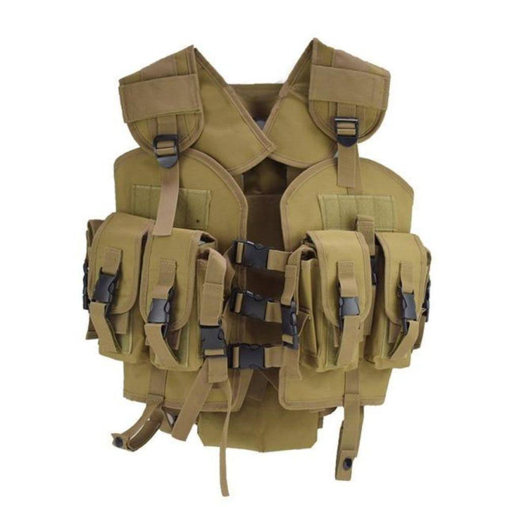 Tactical vest for hunting and airsoft, featuring a breathable mesh back for comfort during extended wear.