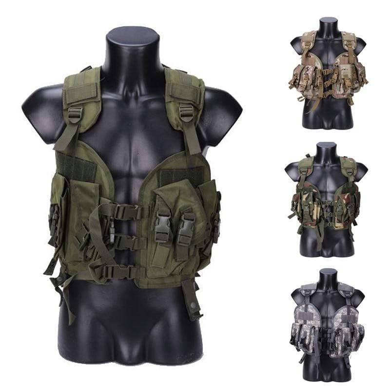 Front view of camo tactical vest for hunting, survival, and outdoor activities with numerous utility pockets.