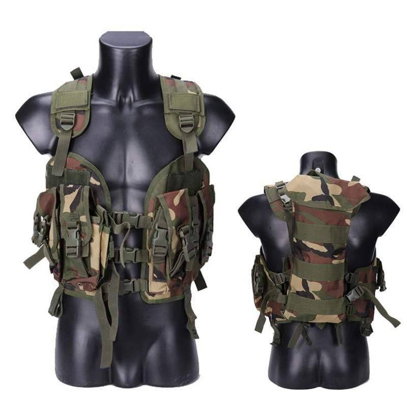 Back view of military-style tactical hunting vest showing durable construction and molle webbing.