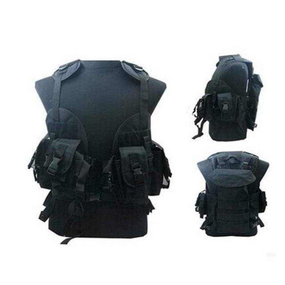 Full-length shot of a person wearing a camo tactical vest designed for hunting, airsoft, and outdoor sports.