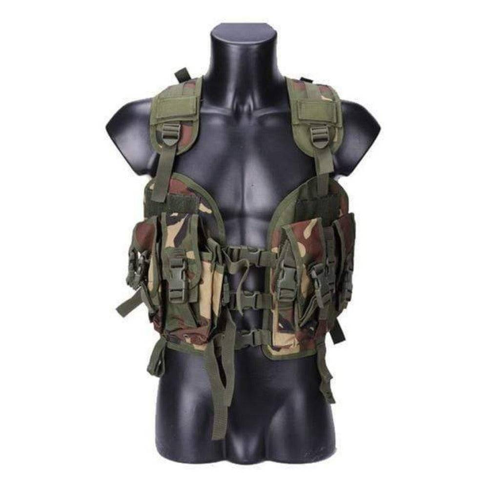 Close-up of the zipper and buckle closures on a rugged tactical hunting vest, built for durability.