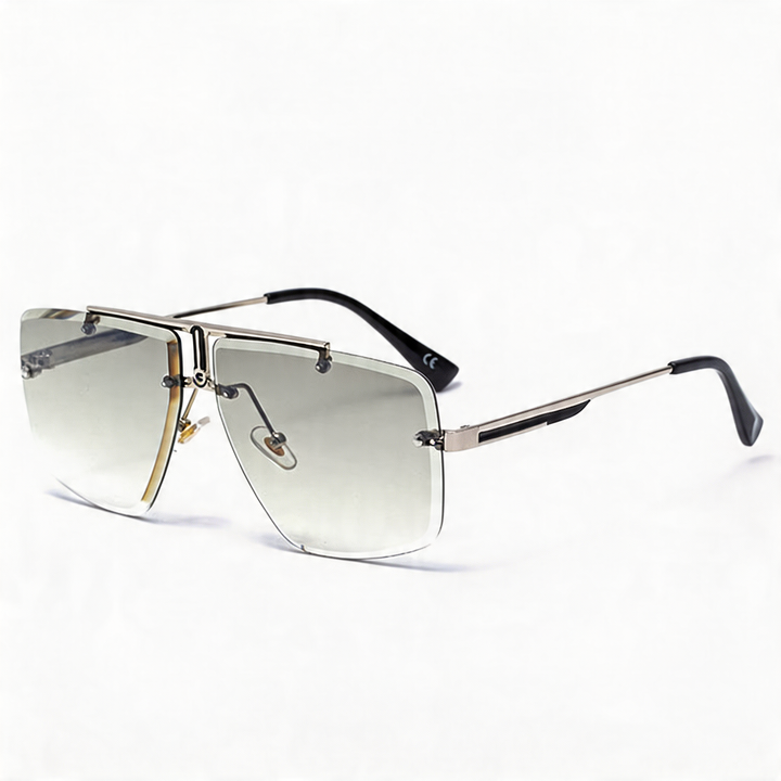 Geometric oversized rimless sunglasses. Fashionable unisex accessory providing stylish sun protection.