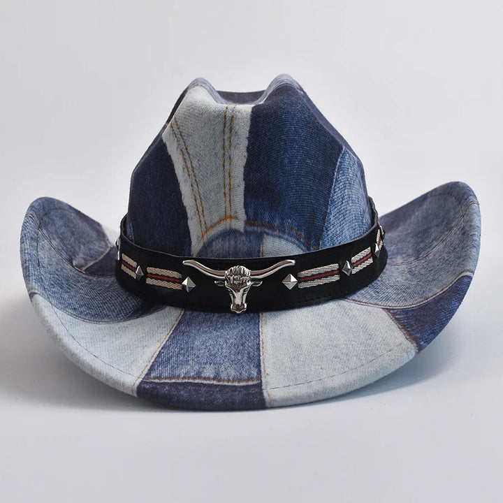 Close-up of rugged patchwork cowboy hat, showcasing unique textures and a bold bull emblem.