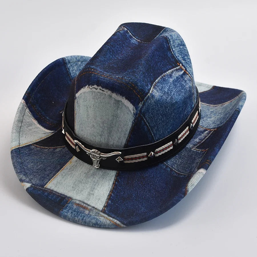 Detailed patchwork cowboy hat featuring a striking bull emblem, perfect for western fashion.