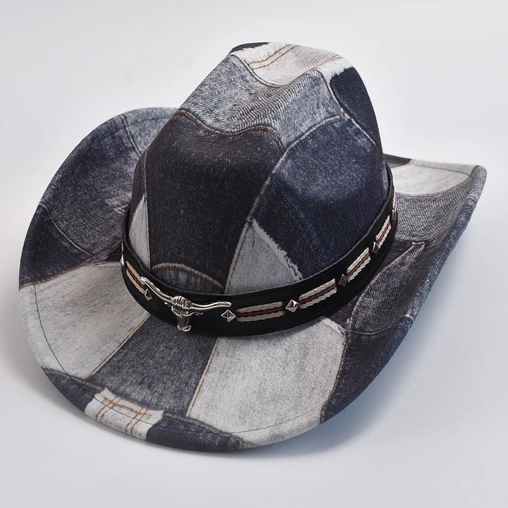 Versatile unisex patchwork cowboy hat for a rugged western look, adorned with a distinctive bull emblem.