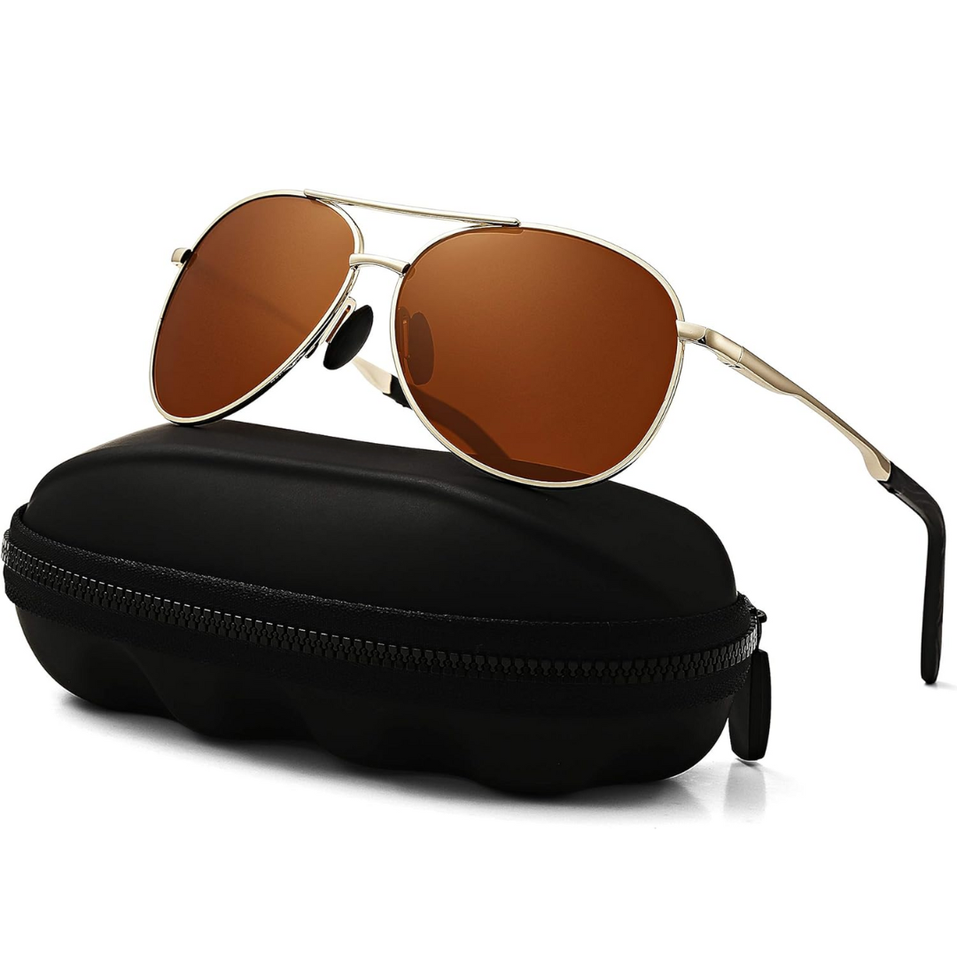 Classic aviator sunglasses, unisex design. Polarized UV400 lenses provide excellent eye protection & clarity.