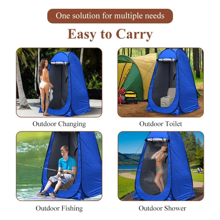Unisex privacy shelter pop-up tent, partially set up, demonstrating quick assembly