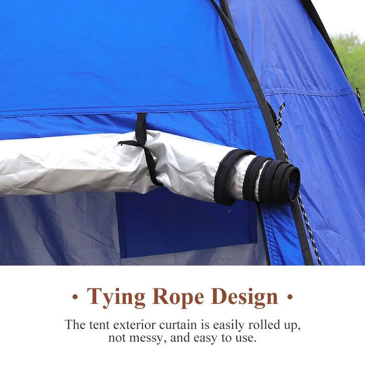 UV resistant waterproof pop-up tent for camping, closed setup on a beach, sunny day