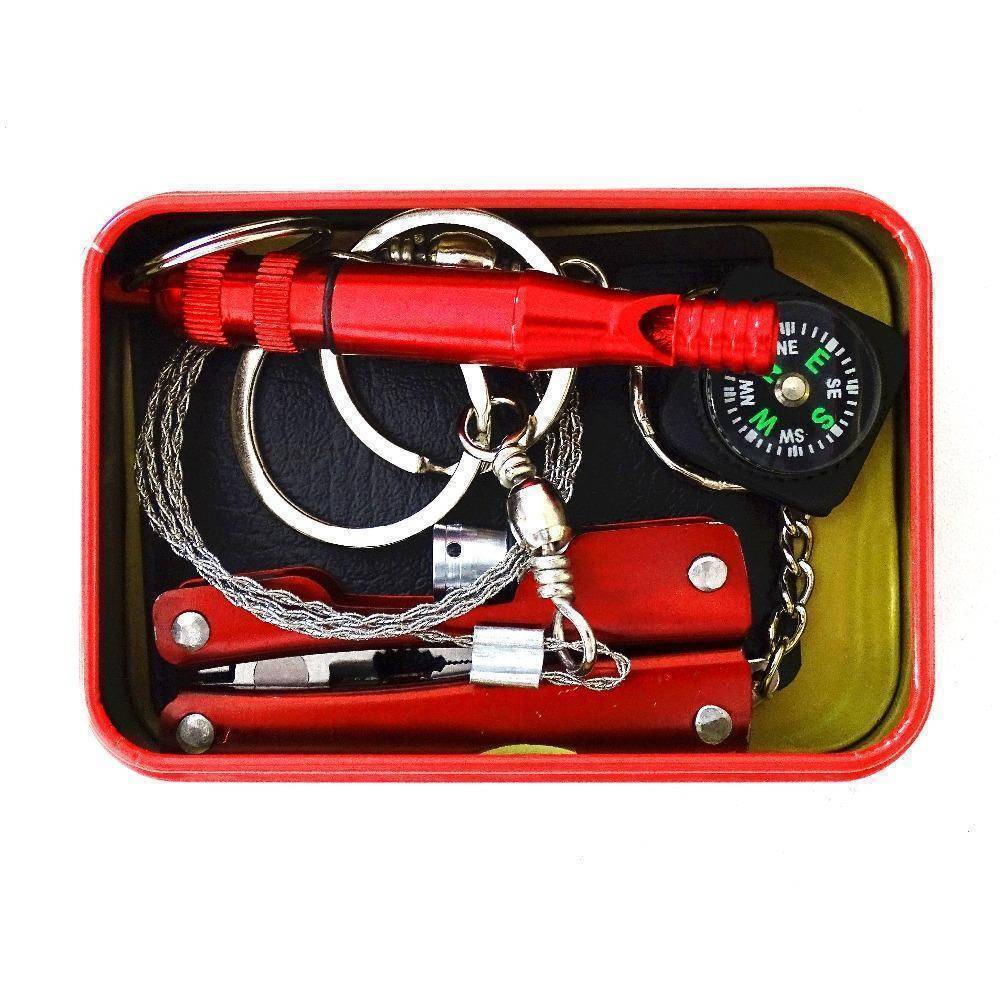 5-in-1 emergency SOS portable survival tool box, open to show multitool components for hiking.