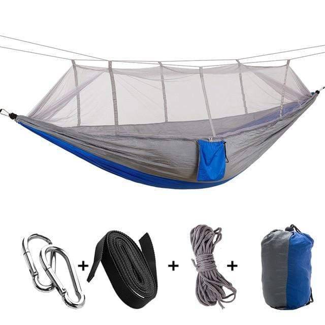 Unisex travel hammock with integrated bug netting, offering a safe and elevated sleeping option.