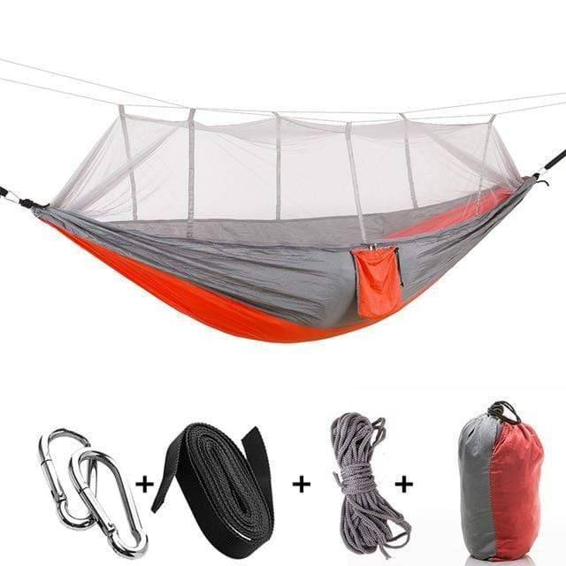 Detailed view of the mosquito netting on a portable camping hammock, highlighting its protective features.