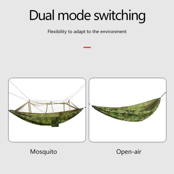 Green camping hammock featuring an attached mosquito net, ideal for protected outdoor sleeping and travel.