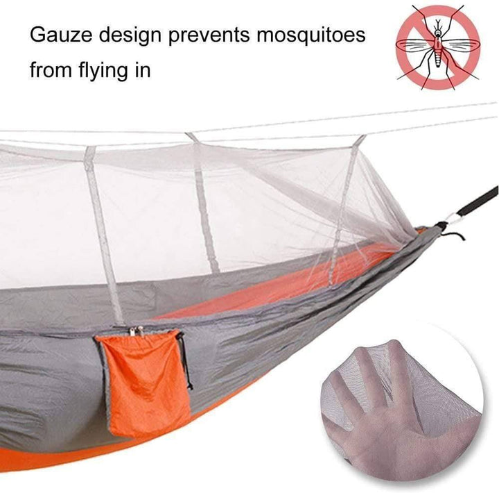 Compact travel hammock with built-in mosquito net, essential gear for backpacking and outdoor adventures.