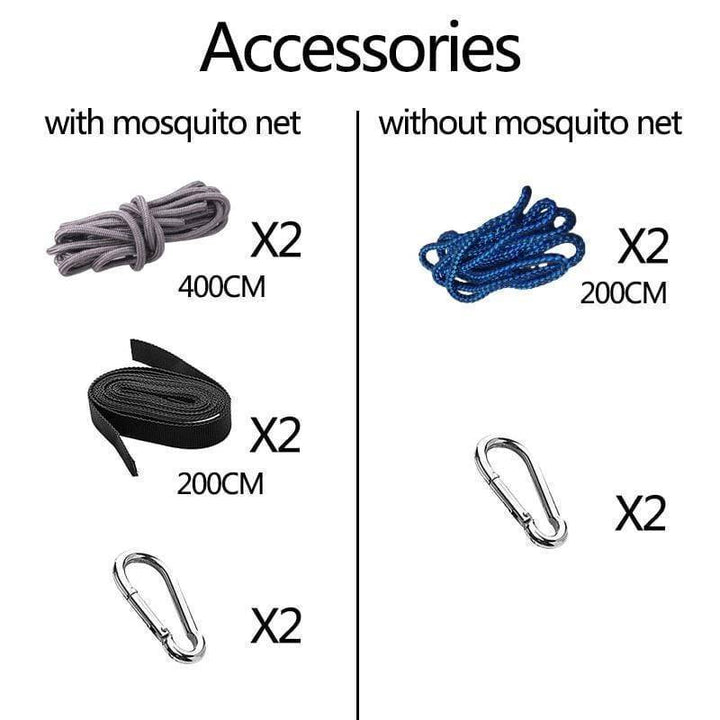 Durable camping hammock with a fine mesh mosquito net, offering a secure and airy sleep solution.