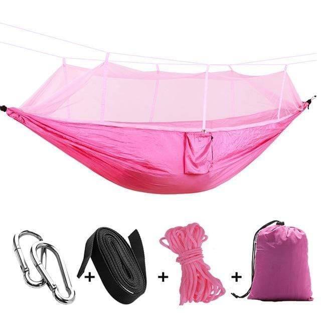Portable camping hammock with an easy-to-use mosquito net, great for quick setup and relaxation outdoors.