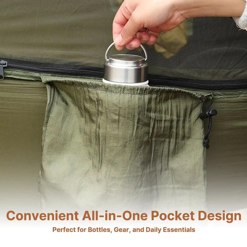 Folding camping hammock with mosquito net for easy transport and storage.