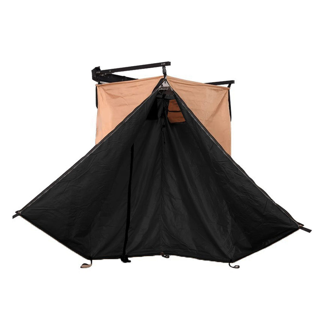 Privacy shelter attached to an SUV, demonstrating its use as an outdoor shower or changing tent.