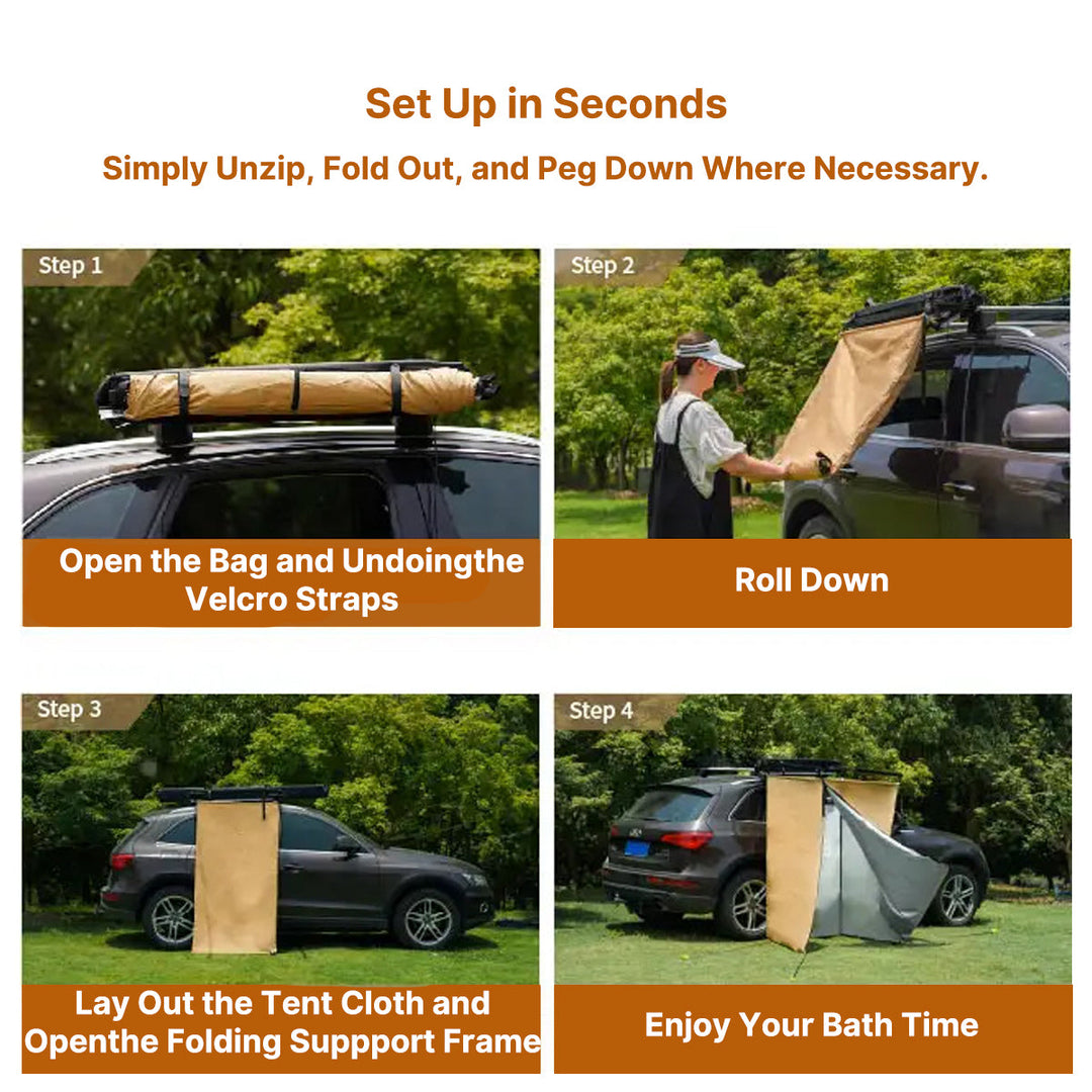 Durable overlanding privacy shelter tent, easily mounts to cars for convenient outdoor use.