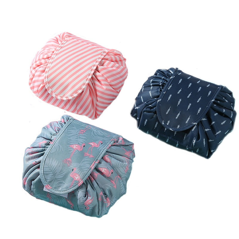 Unisex portable drawstring cosmetic bag, ideal toiletry travel organizer, waterproof & convenient.