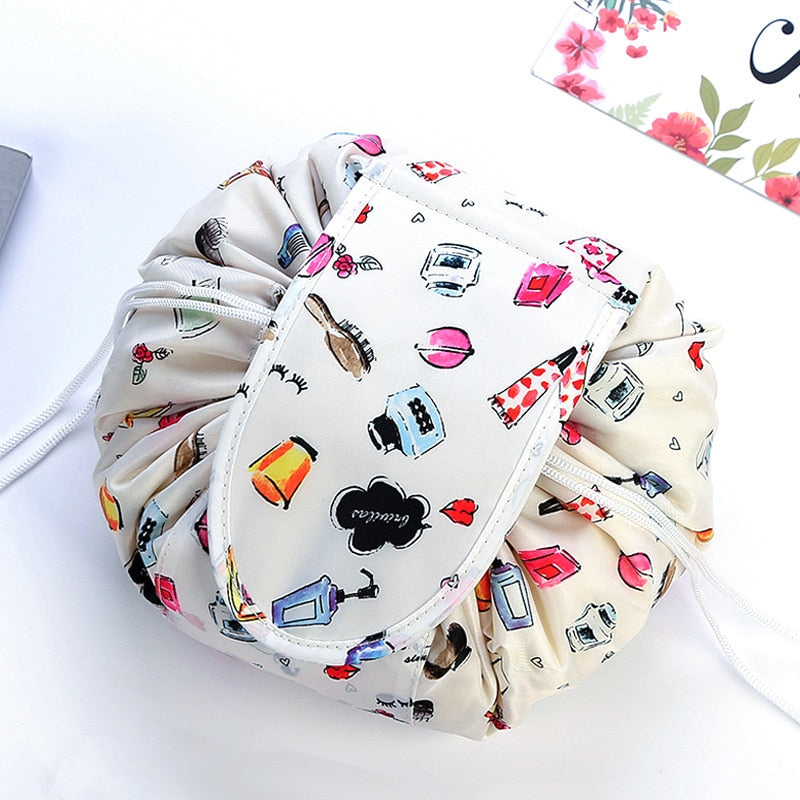 Lightweight drawstring travel organizer for cosmetics & toiletries, easy to pack for any trip.