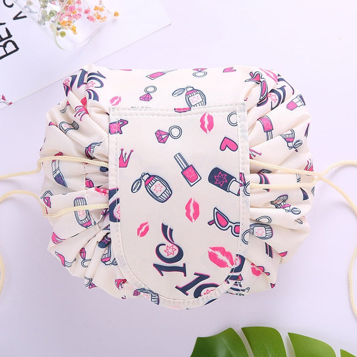 Portable drawstring cosmetic bag with flamingo print, waterproof travel organizer for essentials.