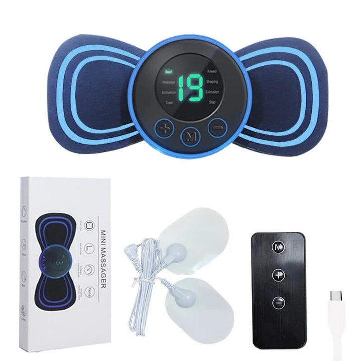 Unisex portable electric neck massager with remote control for muscle relief & stress. Rechargeable travel massager.
