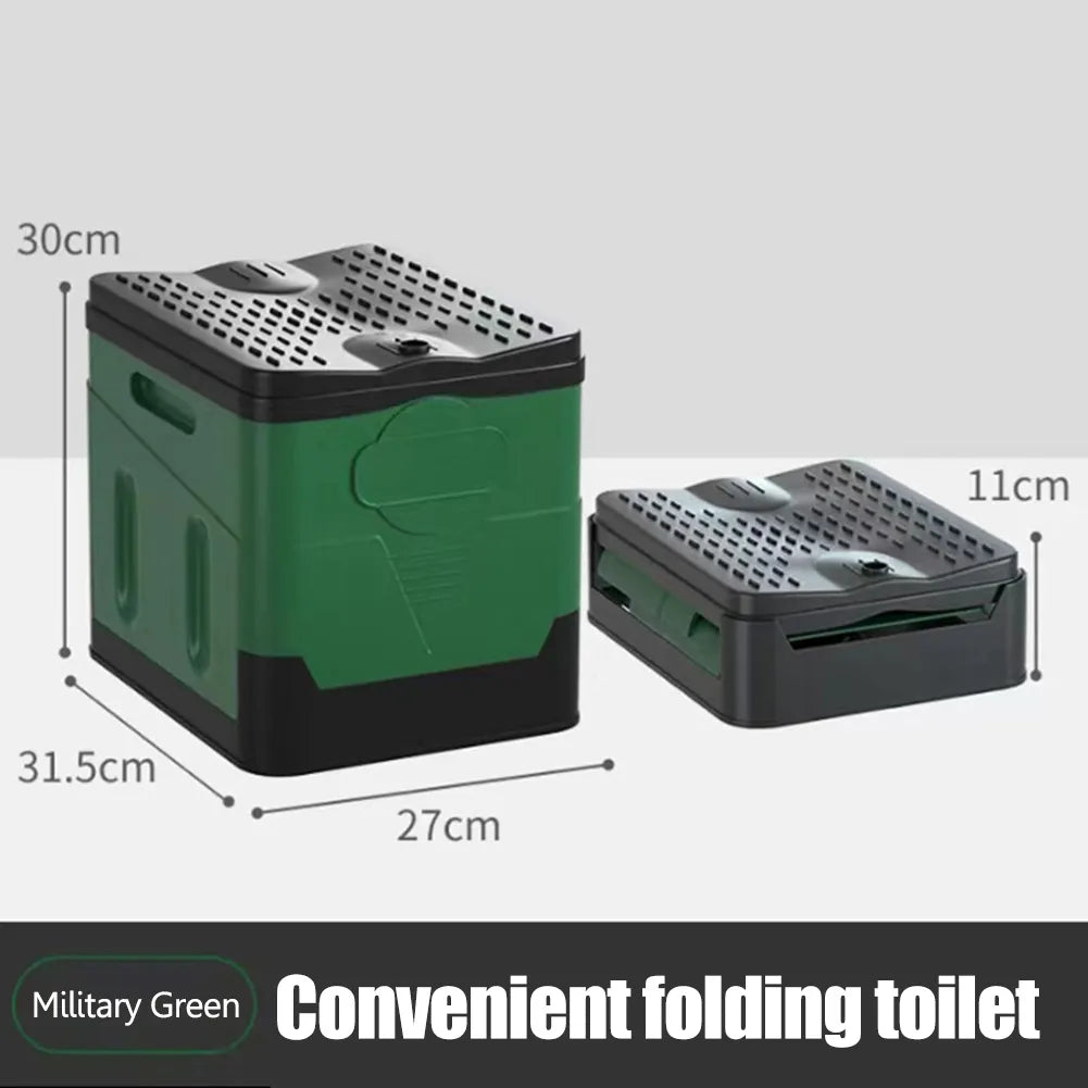 Unisex foldable camping toilet in use, demonstrating portability & convenience for outdoor WC needs