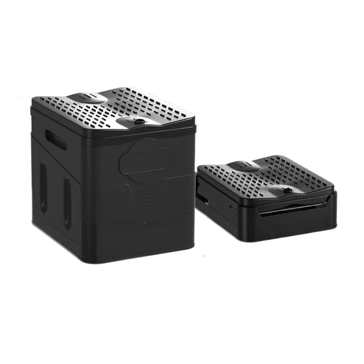 Folded portable camping toilet, illustrating its compact storage for travel and emergency kits