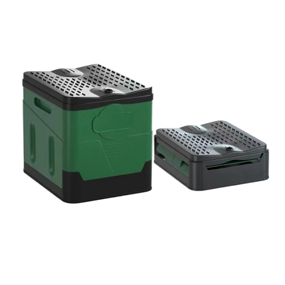 Portable foldable camping toilet next to a tent, showcasing outdoor use in a natural setting