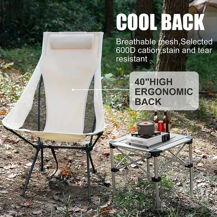 Folding camping chair in a carrying bag, highlighting its portability and lightweight design for travel