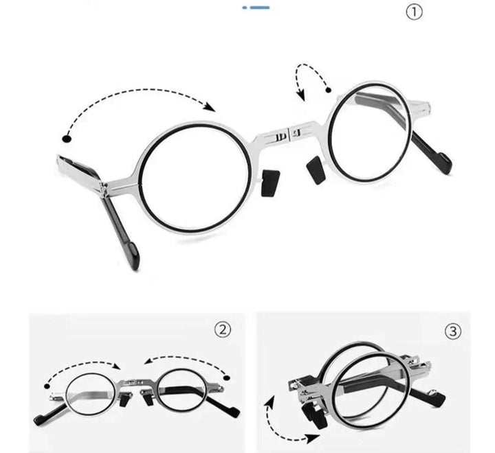 Portable unisex reading glasses, silver folding design for easy carry. Perfect vision aid travel accessory.