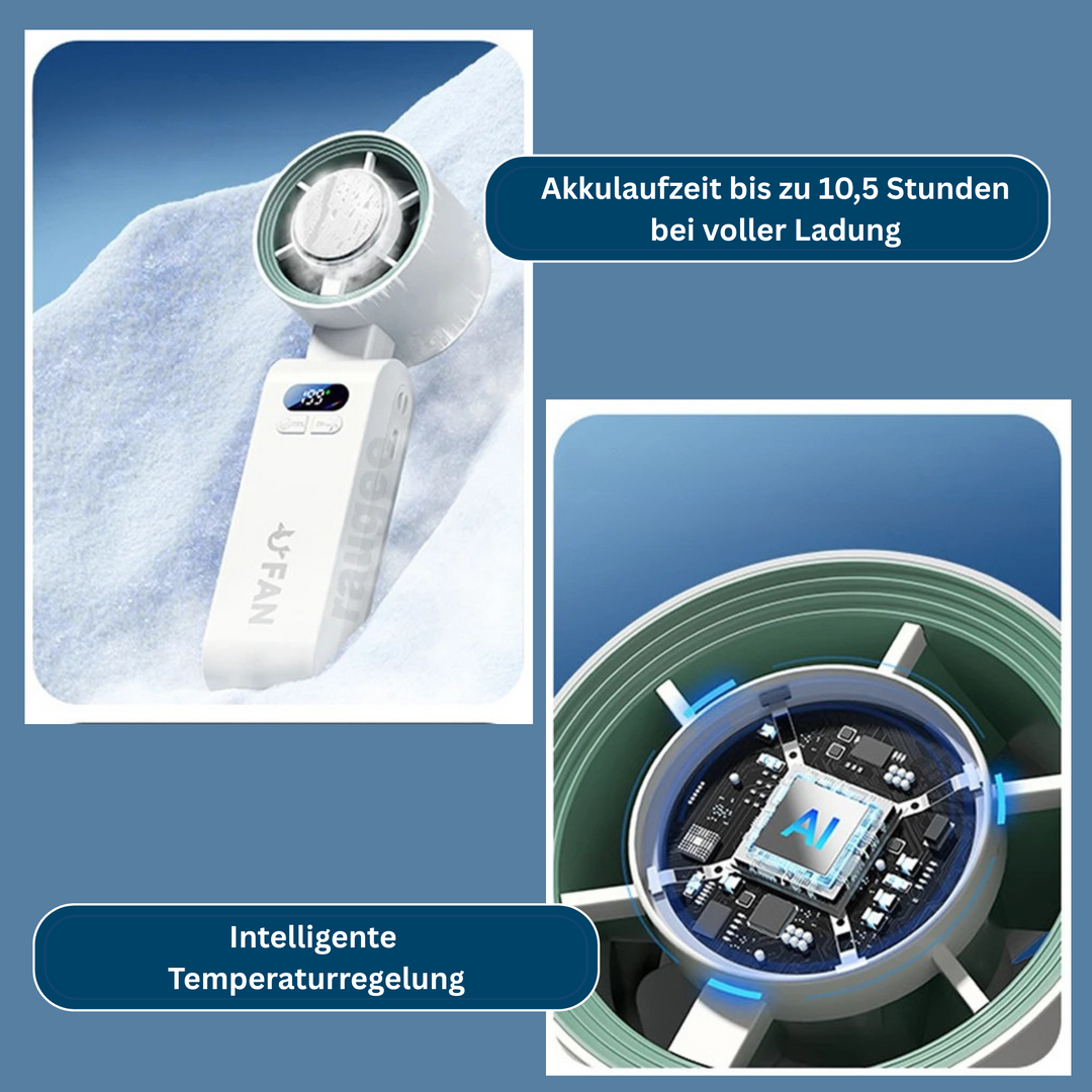 Rechargeable personal cooler fan, a convenient and portable cooling device.