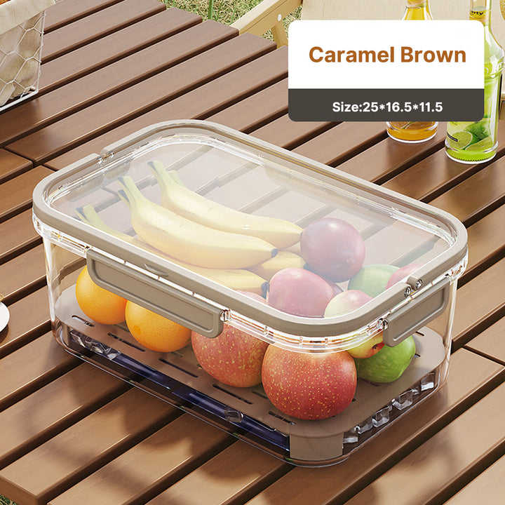 Camping food prep container, portable and leakproof for easy outdoor food management.